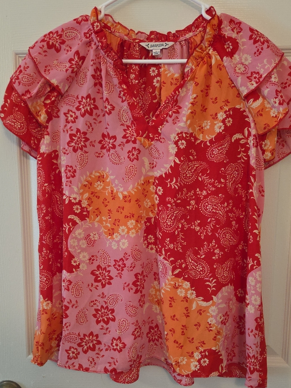Nanette Lepore Red Pink & Orange Floral Patchwork Ruffle Blouse Size Large
